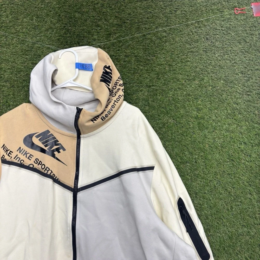 Nike Tech Fleece Hoodie Mens 2XL Colorblock Beige Cream Grey Zipper Arm Pocket